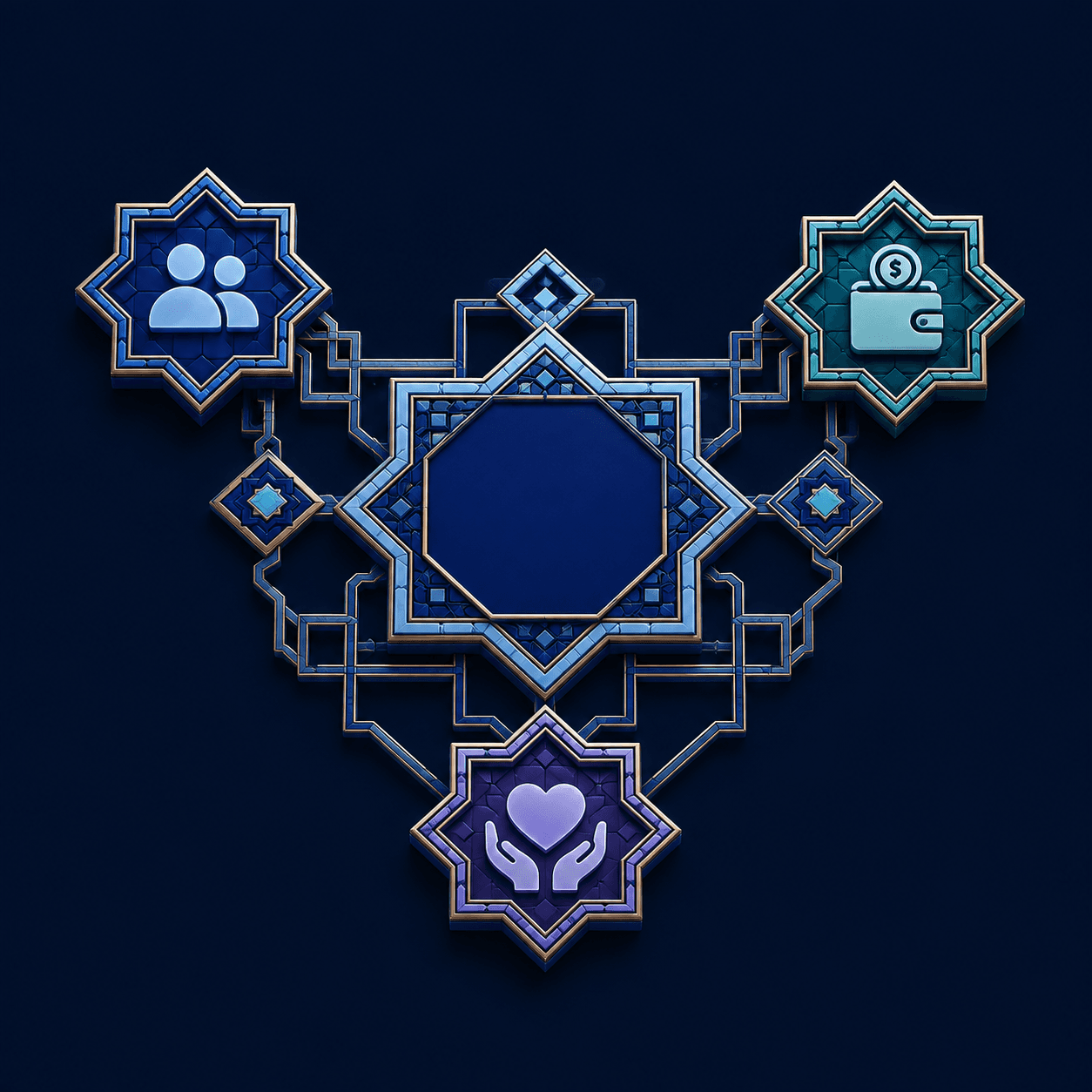 Andalusian-inspired geometric stars connecting people, donations, and community.